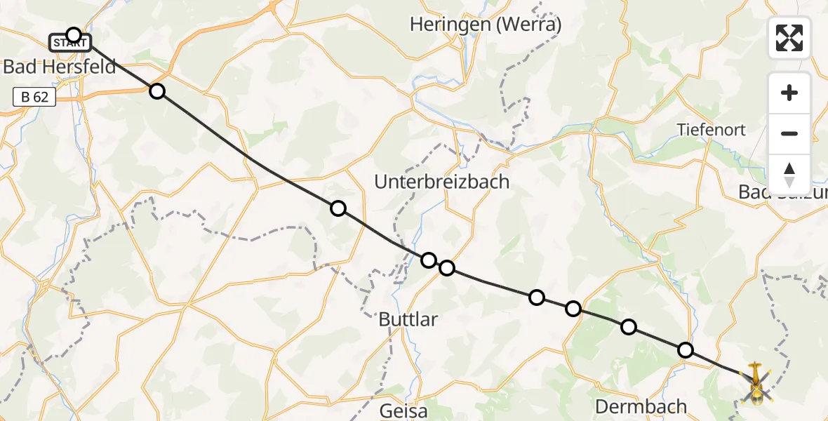 Flugroute Rettungshubschrauber Bad Hersfeld Hospital - Dermbach, 24 Mai 2026, 17:17