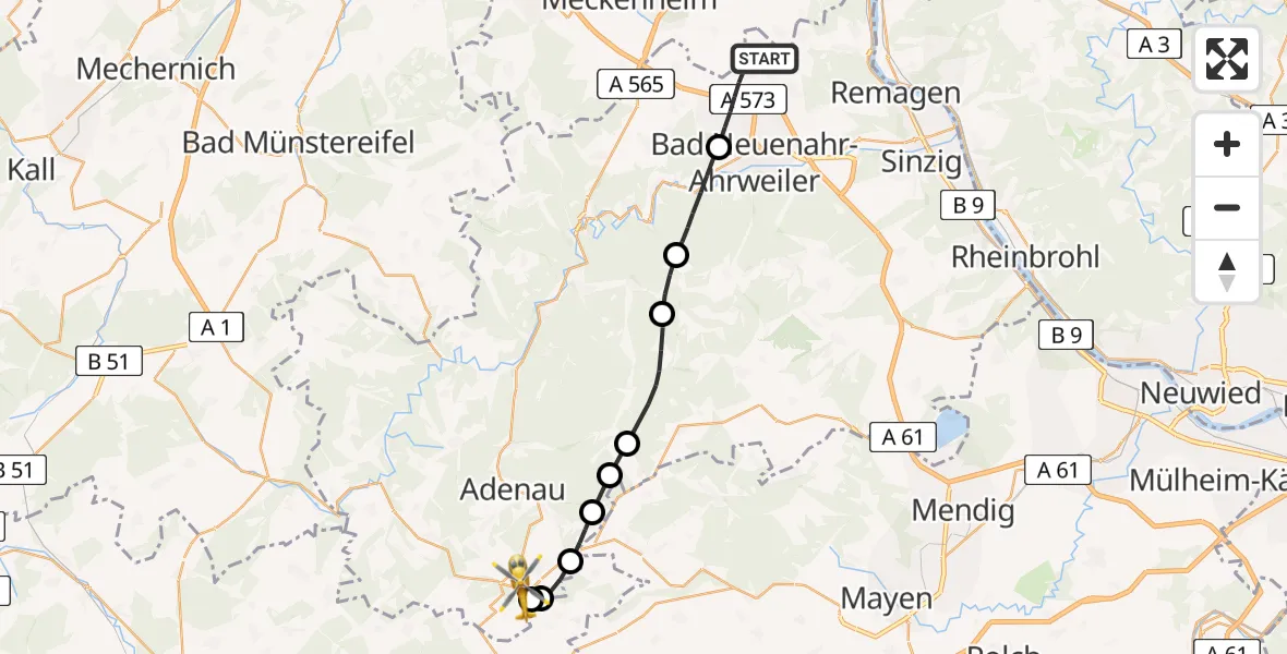 Flugroute Ambulanzhubschrauber Grafschaft - Nürburgring Hubschrauberlandeplatz, 24 Mai 2026, 17:18