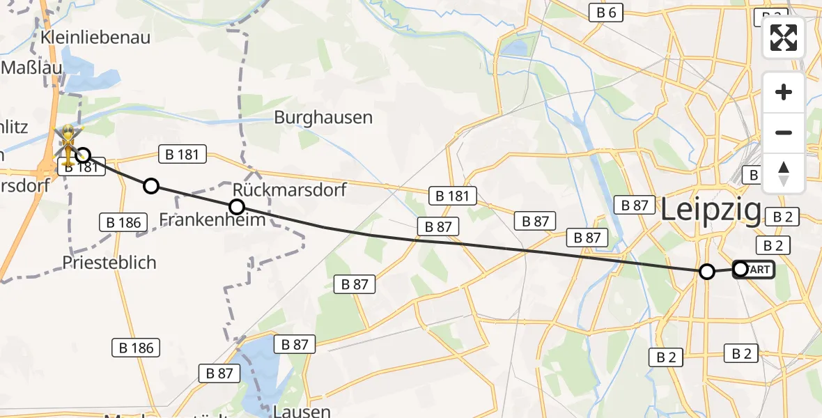Flugroute Rettungshubschrauber Leipzig University Hospital Heliport 1 - ADAC Air Rescue Station Leipzig/Schkeuditz-Dölzig Hubschrauberlandeplatz (Christoph 61), 24 Mai 2026, 17:20