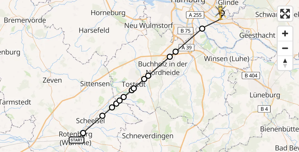 Flugroute Ambulanzhubschrauber Rotenburg (Wümme) - Christoph Hansa ADAC Hubschrauberlandeplatz, 24 Mai 2026, 17:20