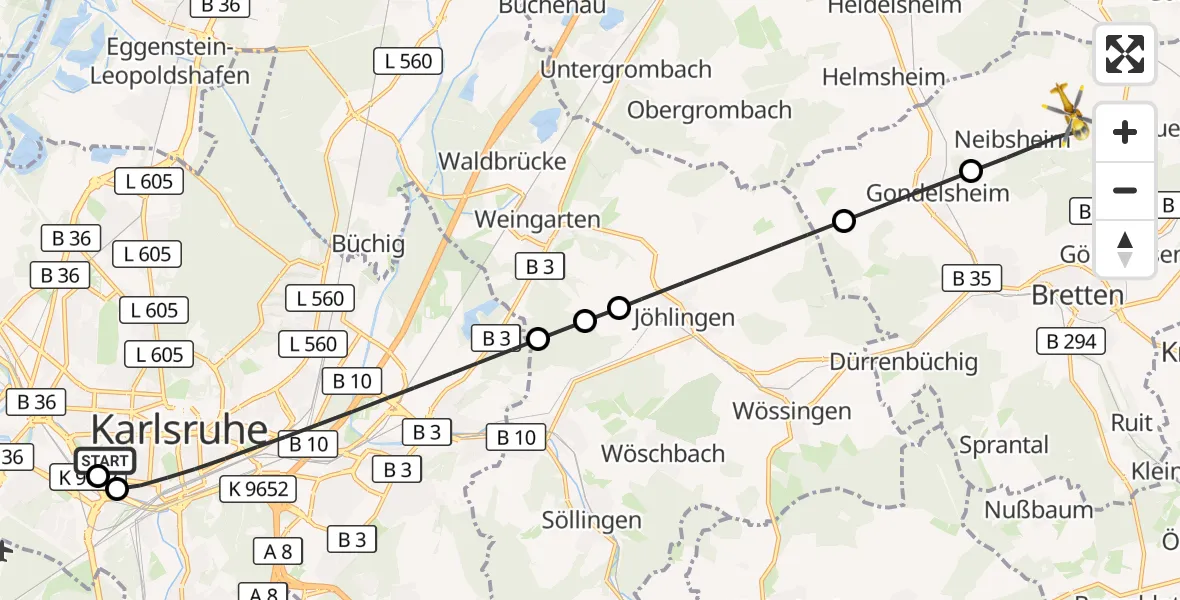 Flugroute Rettungshubschrauber Sankt Vincentius Hospital - Bretten, 24 Mai 2026, 17:22