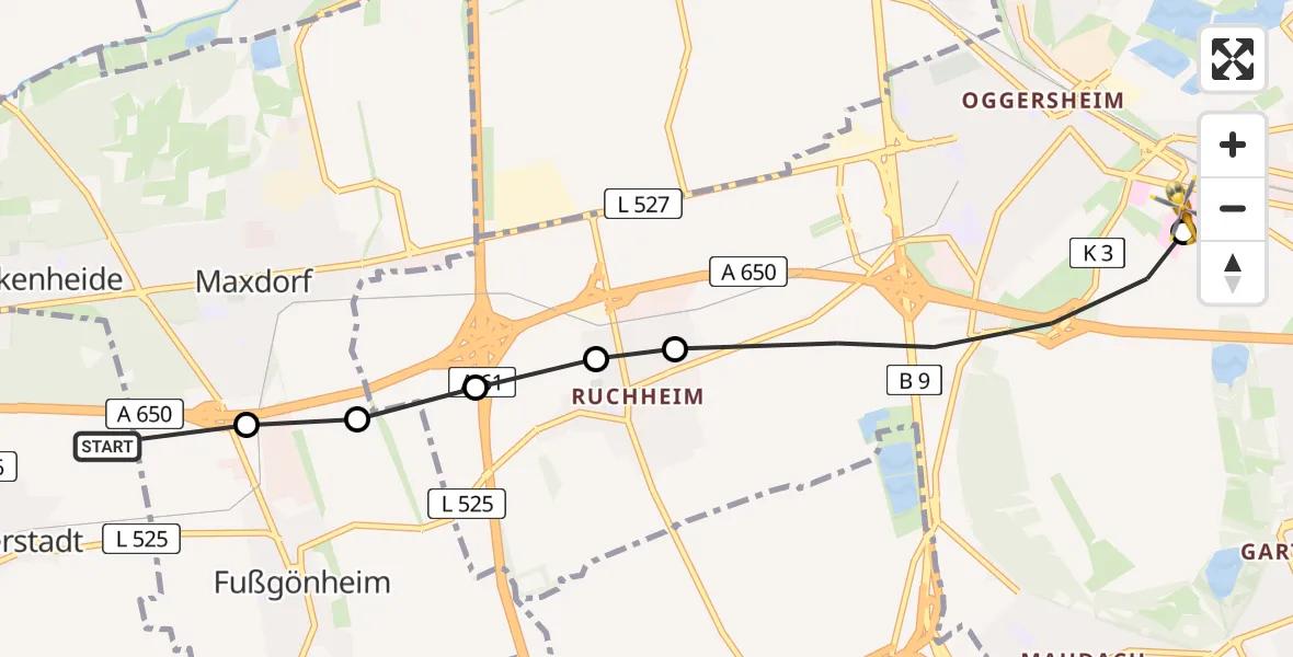 Flugroute Rettungshubschrauber Ellerstadt - Ludwigshafen Accident Hospital, 24 Mai 2026, 17:27