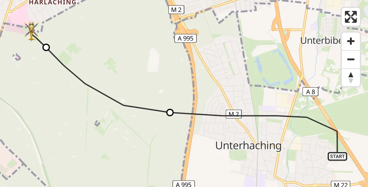 Flugroute Rettungshubschrauber Unterhaching - ADAC Air Rescue Center Hubschrauberlandeplatz (Christoph 1), 24 Mai 2026, 17:28