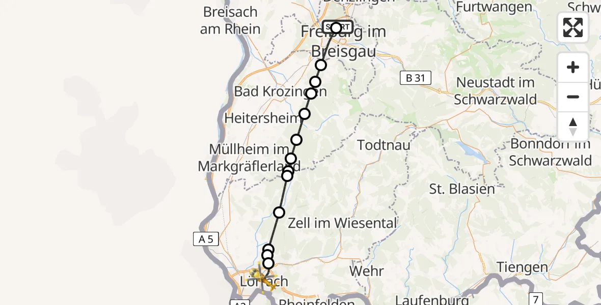 Flugroute Rettungshubschrauber Freiburg im Breisgau Flugplatz - Lörrach, 24 Mai 2026, 17:44