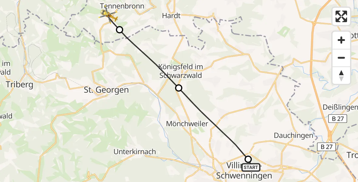 Flugroute Ambulanzhubschrauber DRF Air Rescue Station Villingen-Schwenningen Hubschrauberlandeplatz (Christoph 11) - Schramberg, 24 Mai 2026, 17:47