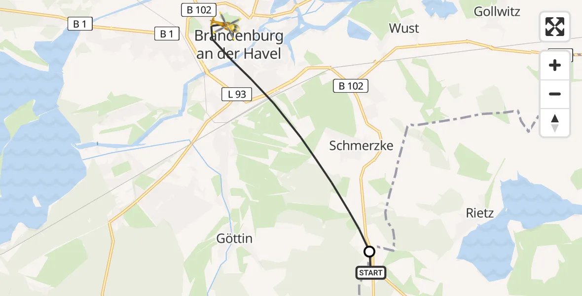 Flugroute Rettungshubschrauber Kloster Lehnin - Brandenburg an der Havel, 24 Mai 2026, 17:50