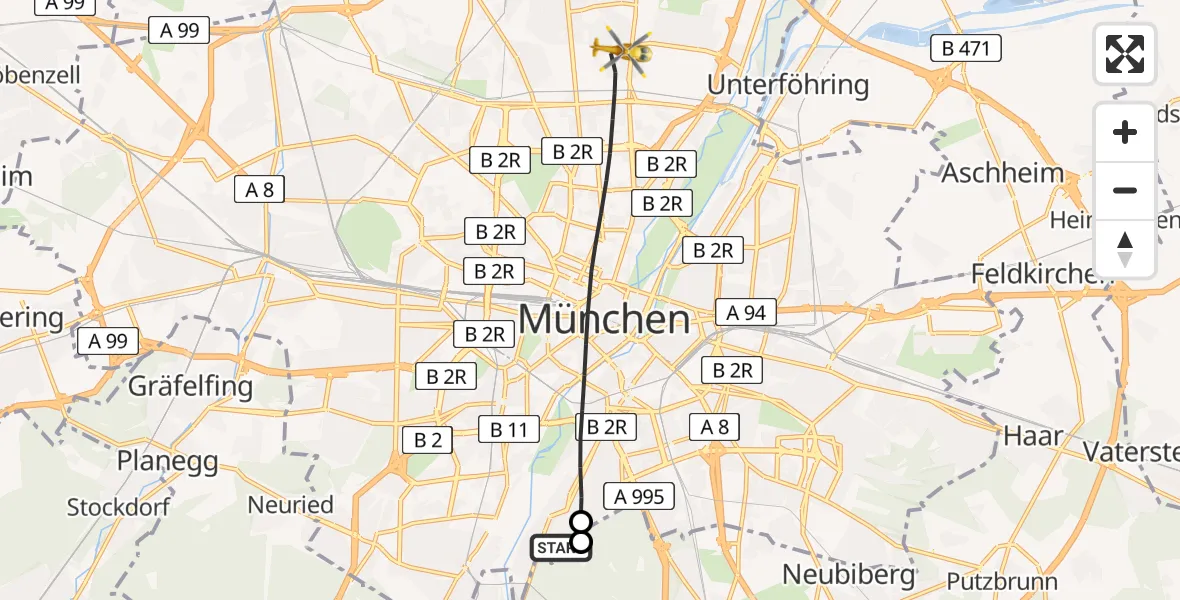 Flugroute Rettungshubschrauber ADAC Air Rescue Center Hubschrauberlandeplatz (Christoph 1) - München, 24 Mai 2026, 17:52
