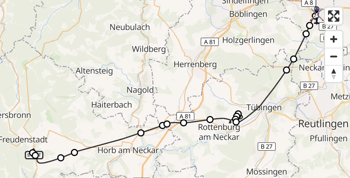 Flugroute Polizeihubschrauber Loßburg - Flughafen Stuttgart, 24 Mai 2026, 17:52