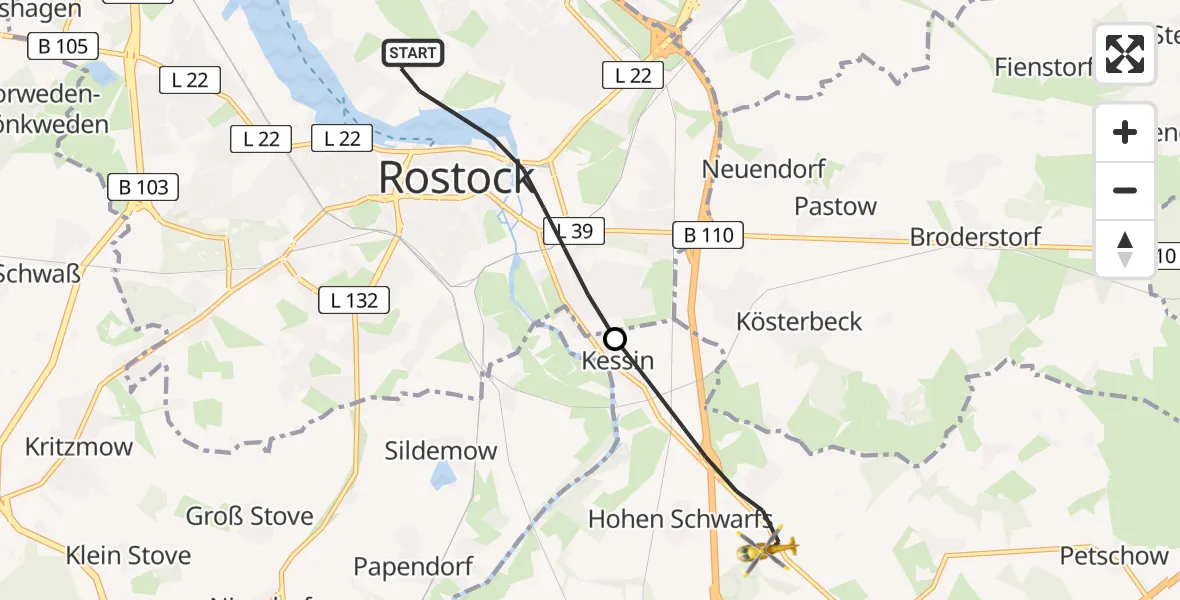 Flugroute Ambulanzhubschrauber Rostock - Dummerstorf, 24 Mai 2026, 17:56