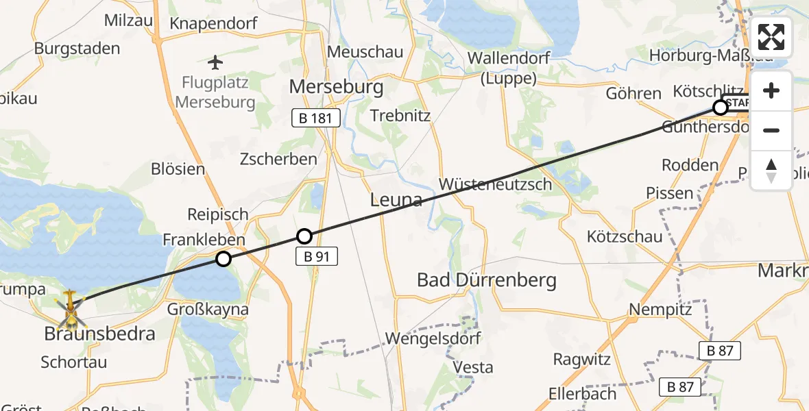Flugroute Rettungshubschrauber ADAC Air Rescue Station Leipzig/Schkeuditz-Dölzig Hubschrauberlandeplatz (Christoph 61) - Braunsbedra, 24 Mai 2026, 17:58
