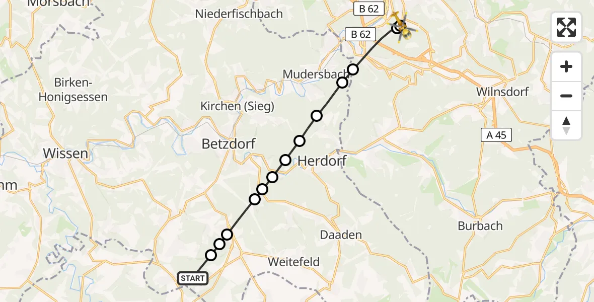 Flugroute Rettungshubschrauber Rosenheim (Landkreis Altenkirchen) - Evangelisches Jung-Stilling Hospital, 24 Mai 2026, 17:58