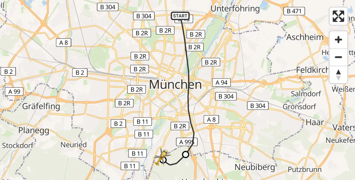 Flugroute Rettungshubschrauber München - ADAC Air Rescue Center Hubschrauberlandeplatz (Christoph 1), 24 Mai 2026, 17:59