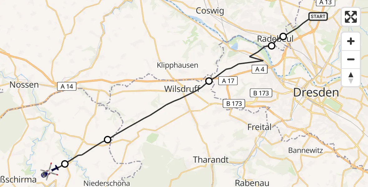 Flugroute Polizeihubschrauber Dresden - Großschirma, 24 Mai 2026, 18:04