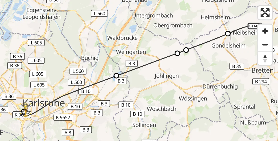 Flugroute Rettungshubschrauber Bretten - Sankt Vincentius Hospital, 24 Mai 2026, 18:06