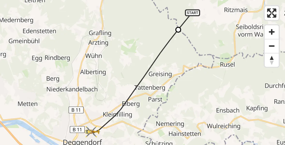 Flugroute Rettungshubschrauber Bischofsmais - Deggendorf, 24 Mai 2026, 18:15