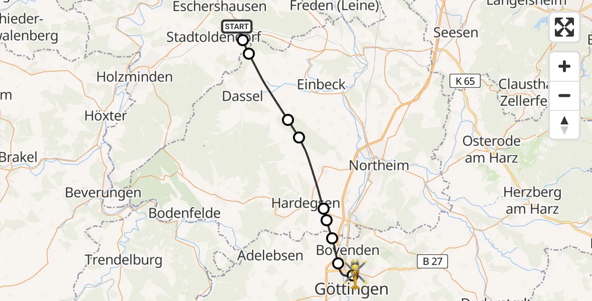 Flugroute Rettungshubschrauber Lenne - Göttingen University Clinic Hubschrauberlandeplatz, 24 Mai 2026, 18:19