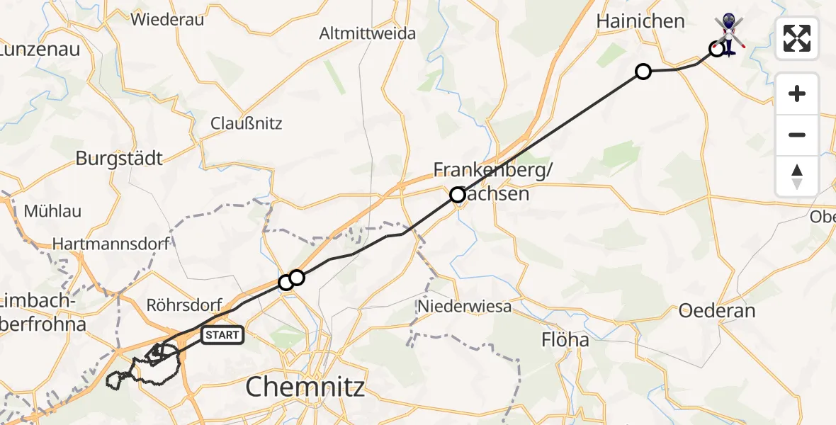 Flugroute Polizeihubschrauber Chemnitz - Striegistal, 24 Mai 2026, 18:25