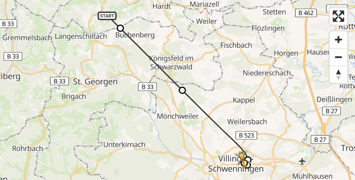 Flugroute Ambulanzhubschrauber Schramberg - DRF Air Rescue Station Villingen-Schwenningen Hubschrauberlandeplatz (Christoph 11), 24 Mai 2026, 18:30