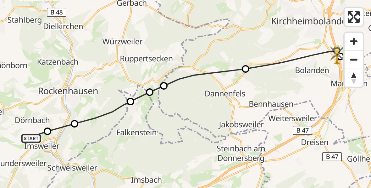 Flugroute Rettungshubschrauber Imsweiler UL - Bolanden, 24 Mai 2026, 18:31