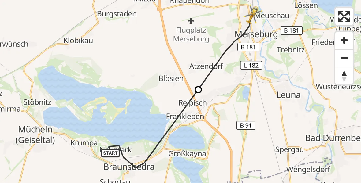Flugroute Rettungshubschrauber Braunsbedra - Merseburg, 24 Mai 2026, 18:34