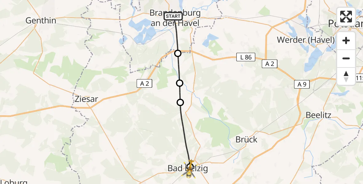 Flugroute Rettungshubschrauber Brandenburg an der Havel - Ernst von Bergmann Hospital Bad Belzig Hubschrauberlandeplatz, 24 Mai 2026, 18:40