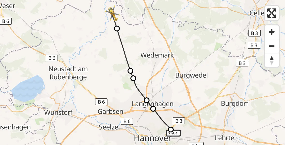 Flugroute Rettungshubschrauber Hannover Luftrettung Hubschrauberlandeplatz (Christoph 4) - Neustadt am Rübenberge, 24 Mai 2026, 18:41