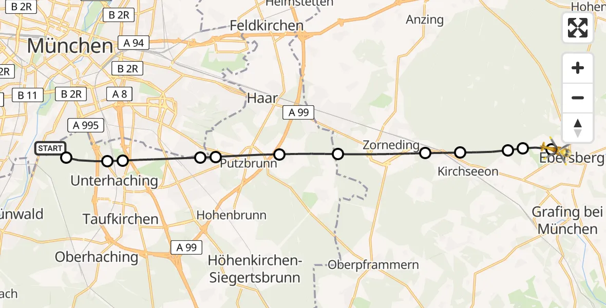 Flugroute Rettungshubschrauber ADAC Air Rescue Center Hubschrauberlandeplatz (Christoph 1) - Ebersberg Hubschrauberlandeplatz, 24 Mai 2026, 18:43