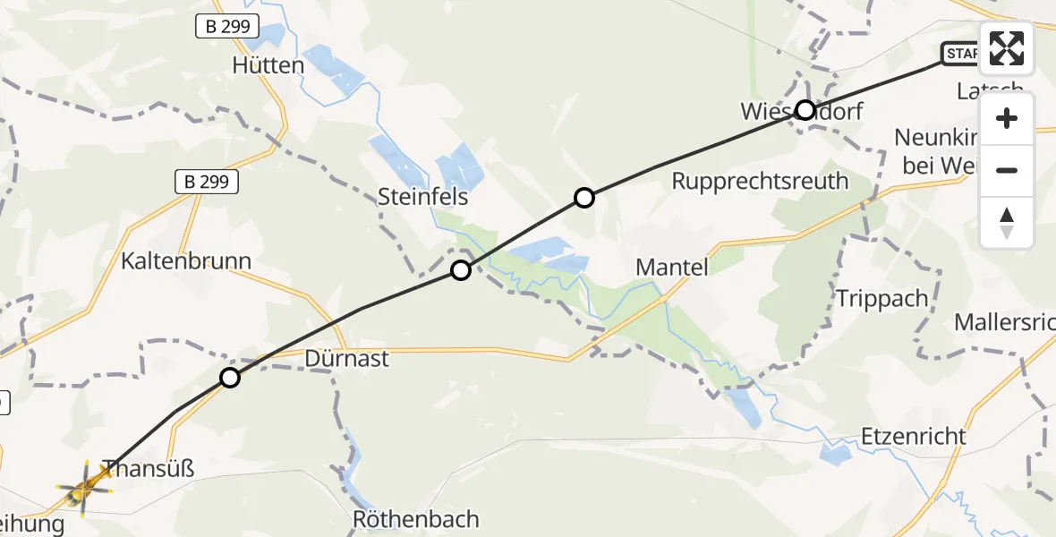 Flugroute Rettungshubschrauber Weiden i.d.OPf. - Freihung, 24 Mai 2026, 18:52