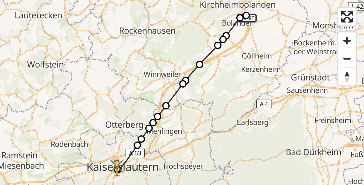 Flugroute Rettungshubschrauber Bolanden - Westpfalz Hospital Kaiserslautern, 24 Mai 2026, 18:54