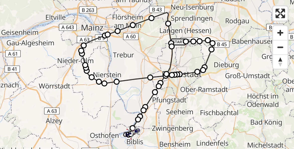 Flugroute Polizeihubschrauber Flughafen Frankfurt-Egelsbach - Groß-Rohrheim, 24 Mai 2026, 18:56