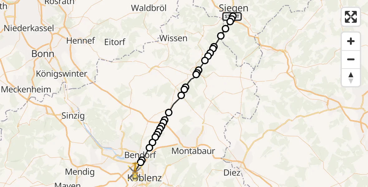 Flugroute Rettungshubschrauber Evangelisches Jung-Stilling Hospital - Koblenz, 24 Mai 2026, 18:56
