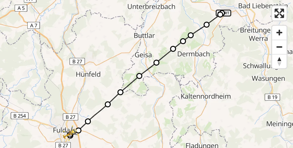 Flugroute Rettungshubschrauber Bad Salzungen Hospital - Fulda Hospital, 24 Mai 2026, 19:01