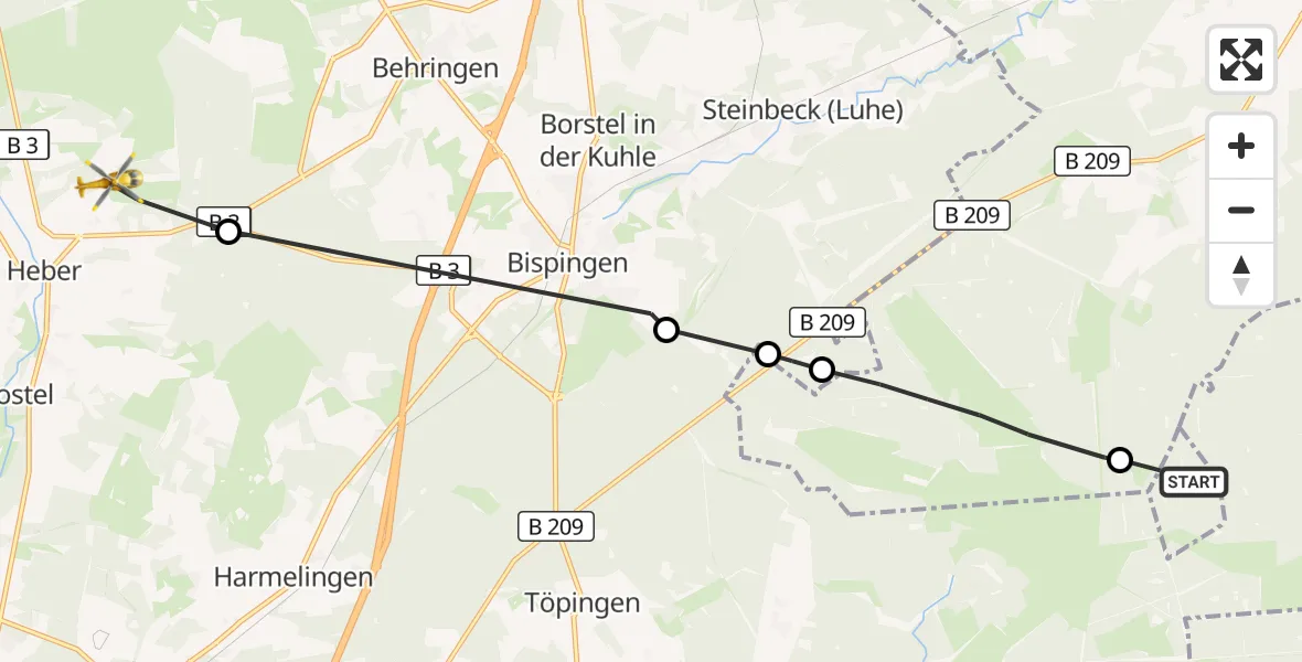 Flugroute Rettungshubschrauber Wriedel - Schneverdingen, 24 Mai 2026, 19:05