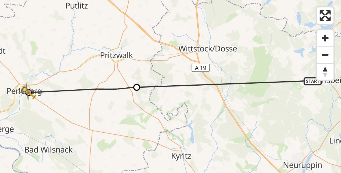 Flugroute Rettungshubschrauber Rheinsberg - Perleberg, 24 Mai 2026, 19:05