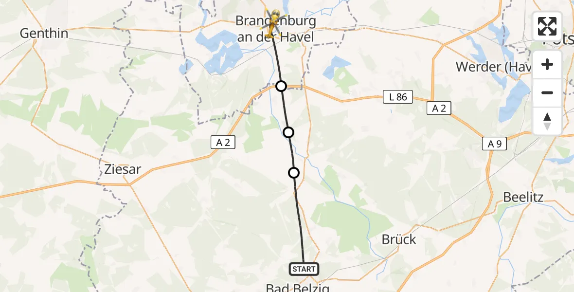 Flugroute Rettungshubschrauber Bad Belzig - Brandenburg an der Havel, 24 Mai 2026, 19:08