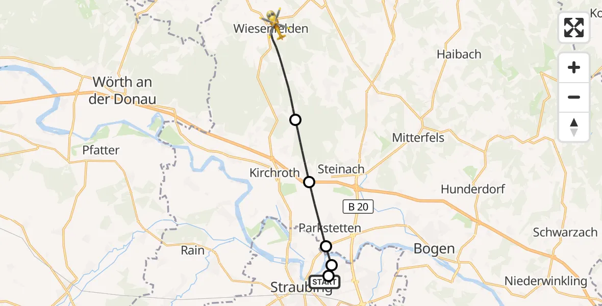 Flugroute Rettungshubschrauber Sankt Elisabeth Hospital Straubing - Wiesenfelden, 24 Mai 2026, 19:10