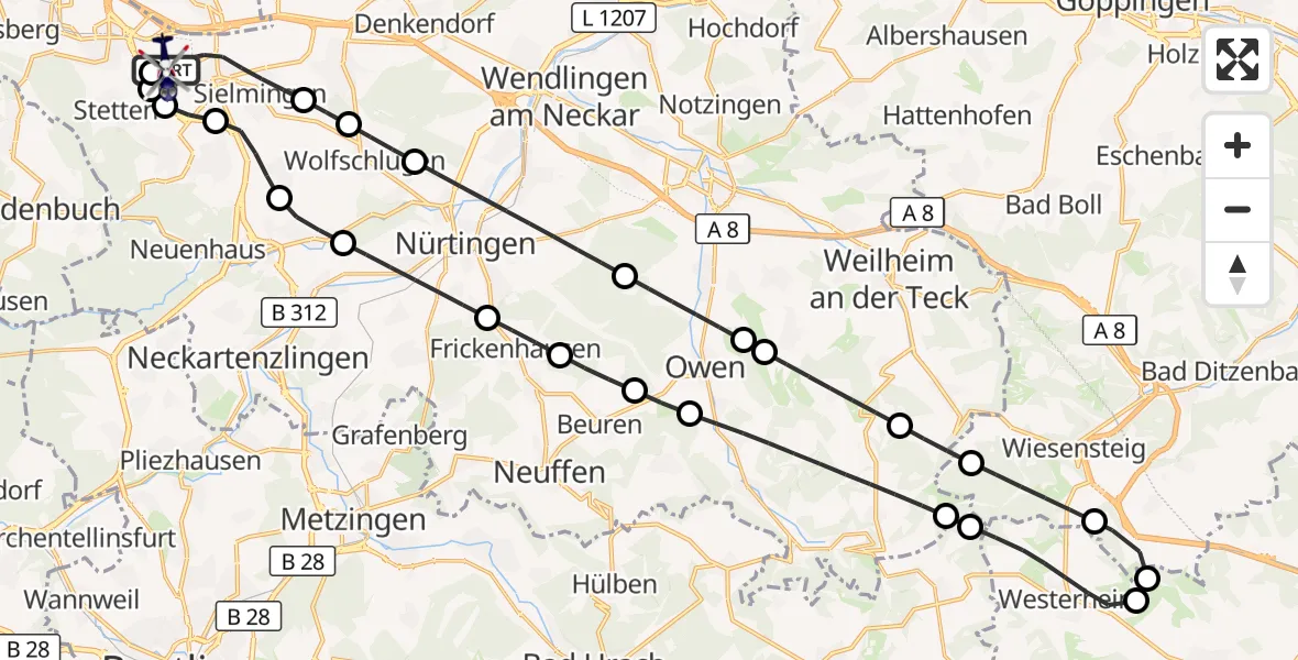 Flugroute Polizeihubschrauber Flughafen Stuttgart - Flughafen Stuttgart, 24 Mai 2026, 19:12