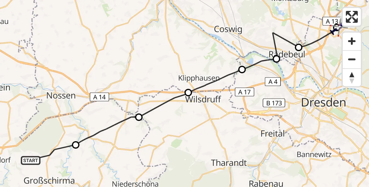 Flugroute Polizeihubschrauber Großschirma - Dresden Flughafen, 24 Mai 2026, 19:12