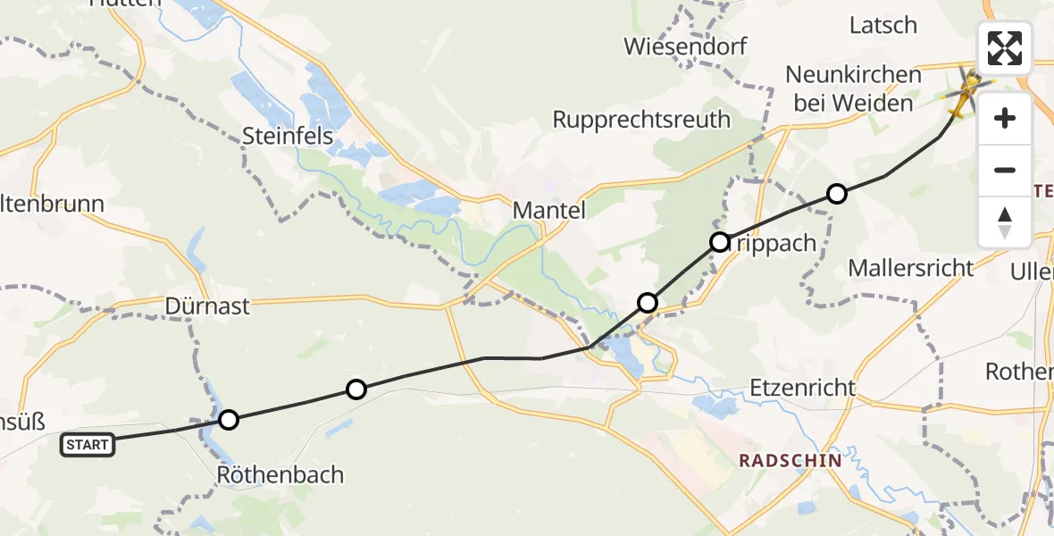 Flugroute Rettungshubschrauber Freihung - Weiden i.d.OPf., 24 Mai 2026, 19:12