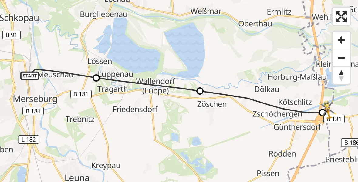 Flugroute Rettungshubschrauber Merseburg - ADAC Air Rescue Station Leipzig/Schkeuditz-Dölzig Hubschrauberlandeplatz (Christoph 61), 24 Mai 2026, 19:12