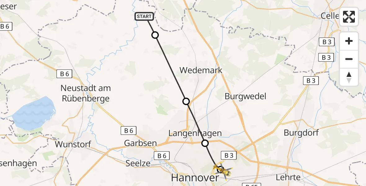 Flugroute Rettungshubschrauber Neustadt am Rübenberge - Hannover Luftrettung Hubschrauberlandeplatz (Christoph 4), 24 Mai 2026, 19:14