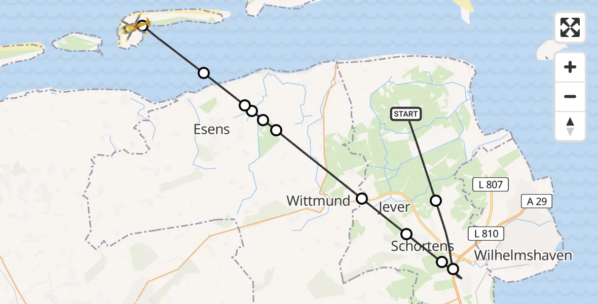 Flugroute Rettungshubschrauber Wangerland - Langeoog Flughafen, 24 Mai 2026, 19:16