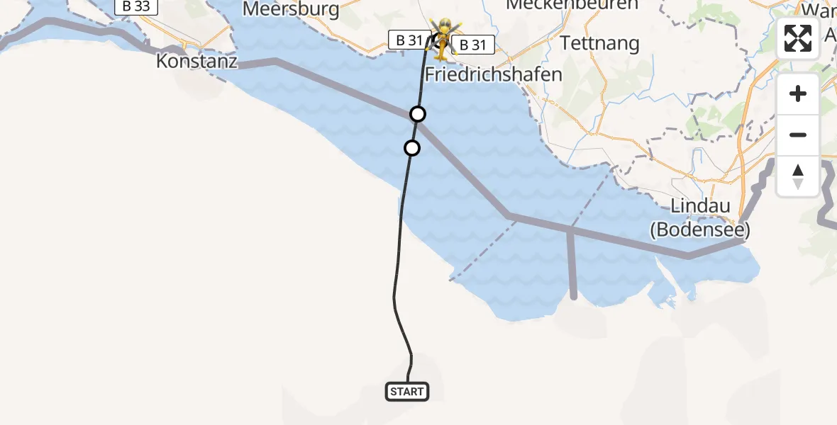 Flugroute Rettungshubschrauber Sankt Gallen Cantonal Hospital Heliport - Friedrichshafen Hospital, 24 Mai 2026, 19:19