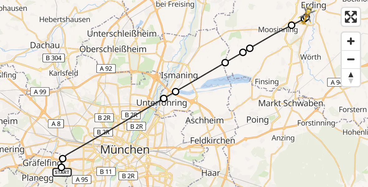 Flugroute Rettungshubschrauber DRF Air Rescue München Hubschrauberlandeplatz - Erding District Hospital, 24 Mai 2026, 19:29