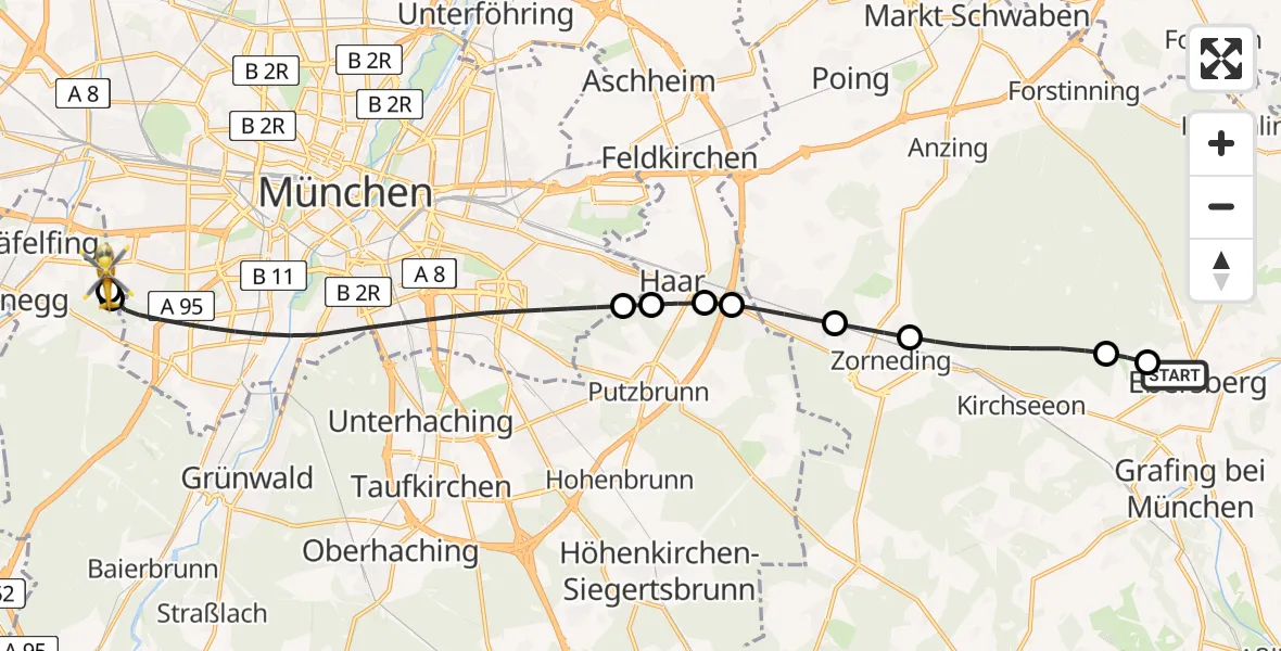 Flugroute Rettungshubschrauber Ebersberg Hubschrauberlandeplatz - DRF Air Rescue München Hubschrauberlandeplatz, 24 Mai 2026, 19:29