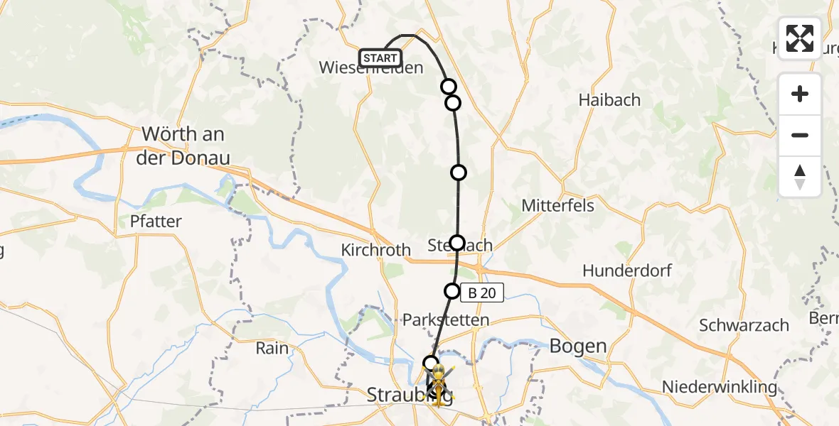 Flugroute Rettungshubschrauber Wiesenfelden - Sankt Elisabeth Hospital Straubing, 24 Mai 2026, 19:35