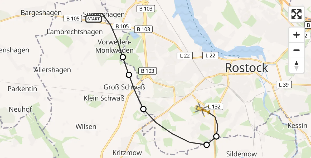Flugroute Ambulanzhubschrauber Lambrechtshagen - Rostock, 24 Mai 2026, 19:37
