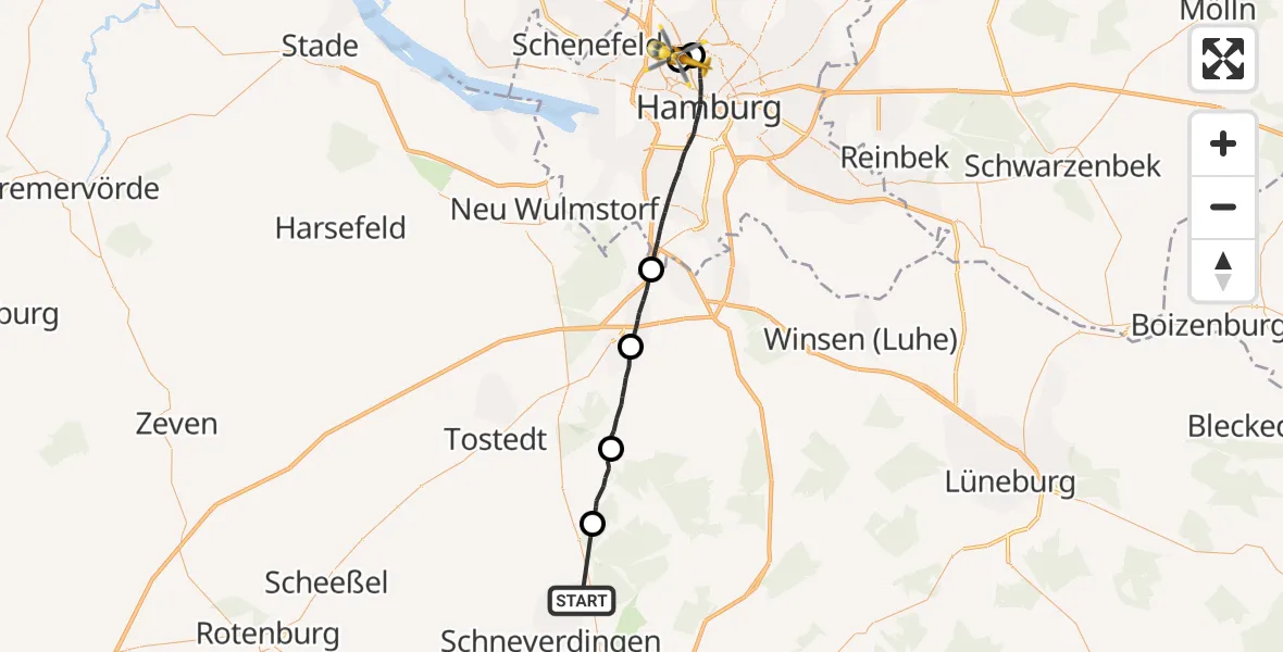 Flugroute Rettungshubschrauber Schneverdingen - Hamburg, 24 Mai 2026, 19:50