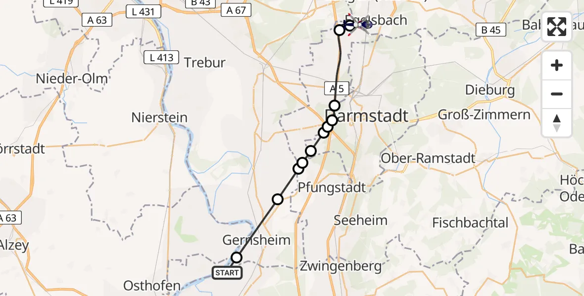 Flugroute Polizeihubschrauber Groß-Rohrheim - Flughafen Frankfurt-Egelsbach, 24 Mai 2026, 19:51