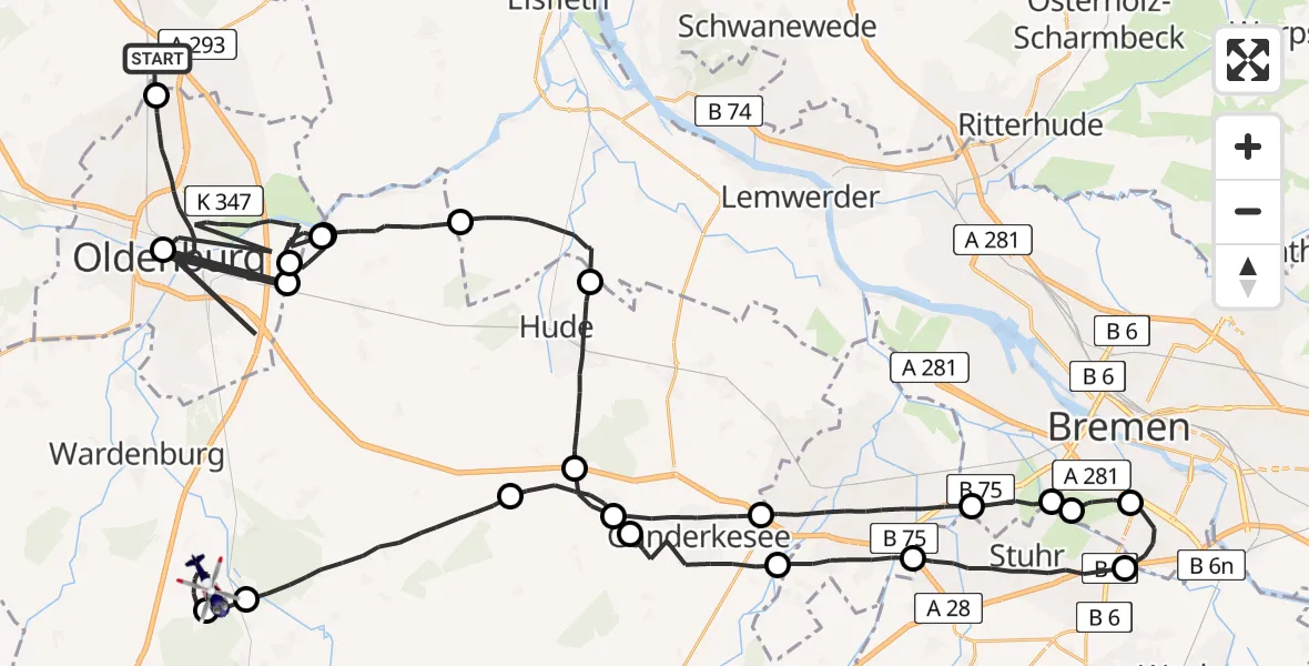 Flugroute Polizeihubschrauber Rastede - Wardenburg, 24 Mai 2026, 20:04